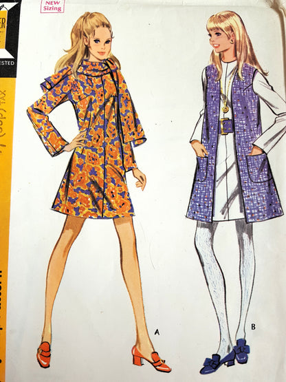 MOD 1960s Dress,Scarf ,Sleeveless Coat Pattern McCalls 2101 Bust 38 Vintage Sewing Pattern FF