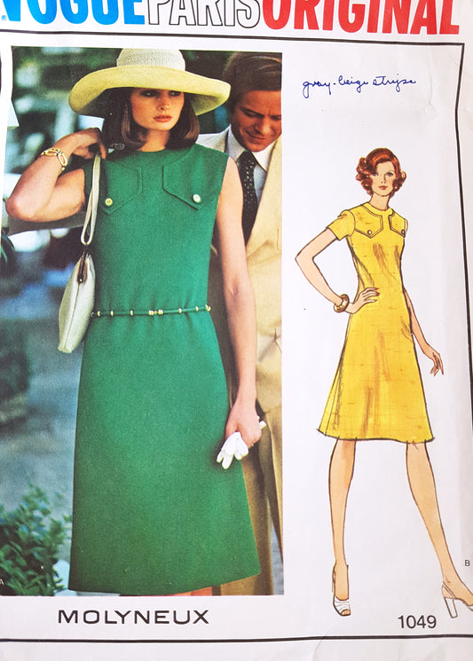 1970s CLASSY Molyneux Dress Pattern VOGUE Paris Original 1049 Lovely Design Bust 32 Vintage Sewing Pattern FACTORY FOLDED +Sew In Label