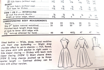 1950s PRETTY Dress and Dickey Pattern ADVANCE 6756 Figure Flattering Design Bust 32 Vintage Sewing Pattern
