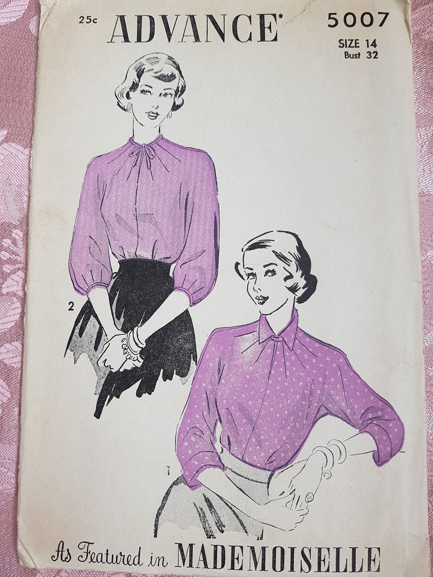 1940s PRETTY Blouse Pattern ADVANCE 5007 Two Style Versions Featured In Mademoiselle Magazine Bust 32 Vintage Sewing Pattern