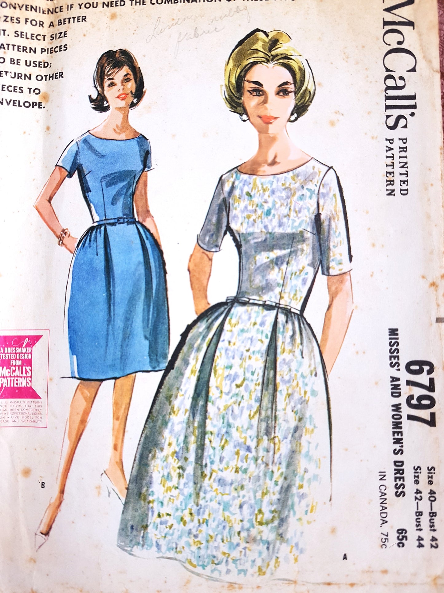 1960s FLATTERING Day or Party Dress Pattern McCALLs 6797 Lovely Neckline Bust 42 and 44 Vintage Sewing Pattern