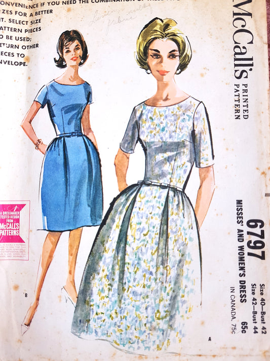 1960s FLATTERING Day or Party Dress Pattern McCALLs 6797 Lovely Neckline Bust 42 and 44 Vintage Sewing Pattern