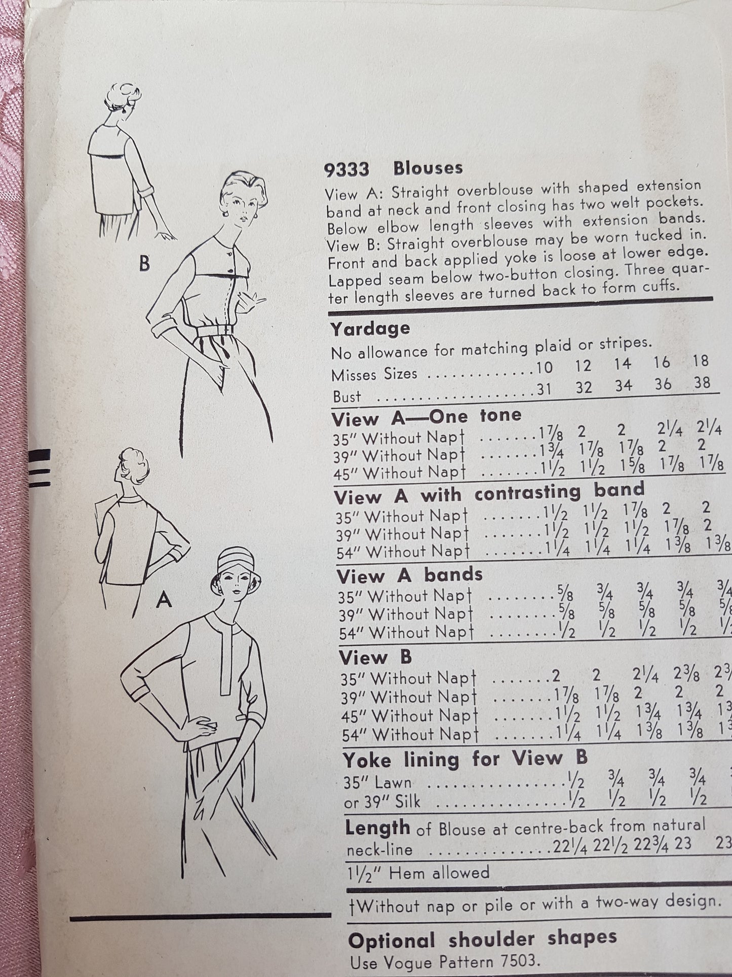 1950s ELEGANT Over Blouse Pattern VOGUE 9333 Three Overblouse Styles Bust 36 Vintage Sewing Pattern FF