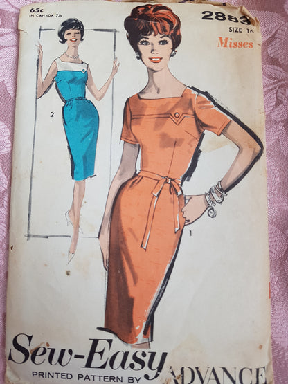 Late 50s CHIC Slim Dress Pattern ADVANCE 2883 Square Neckline, 2 Version Styles Bust 36 Vintage Sewing Pattern