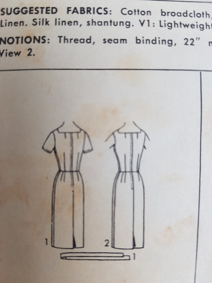 Late 50s CHIC Slim Dress Pattern ADVANCE 2883 Square Neckline, 2 Version Styles Bust 36 Vintage Sewing Pattern