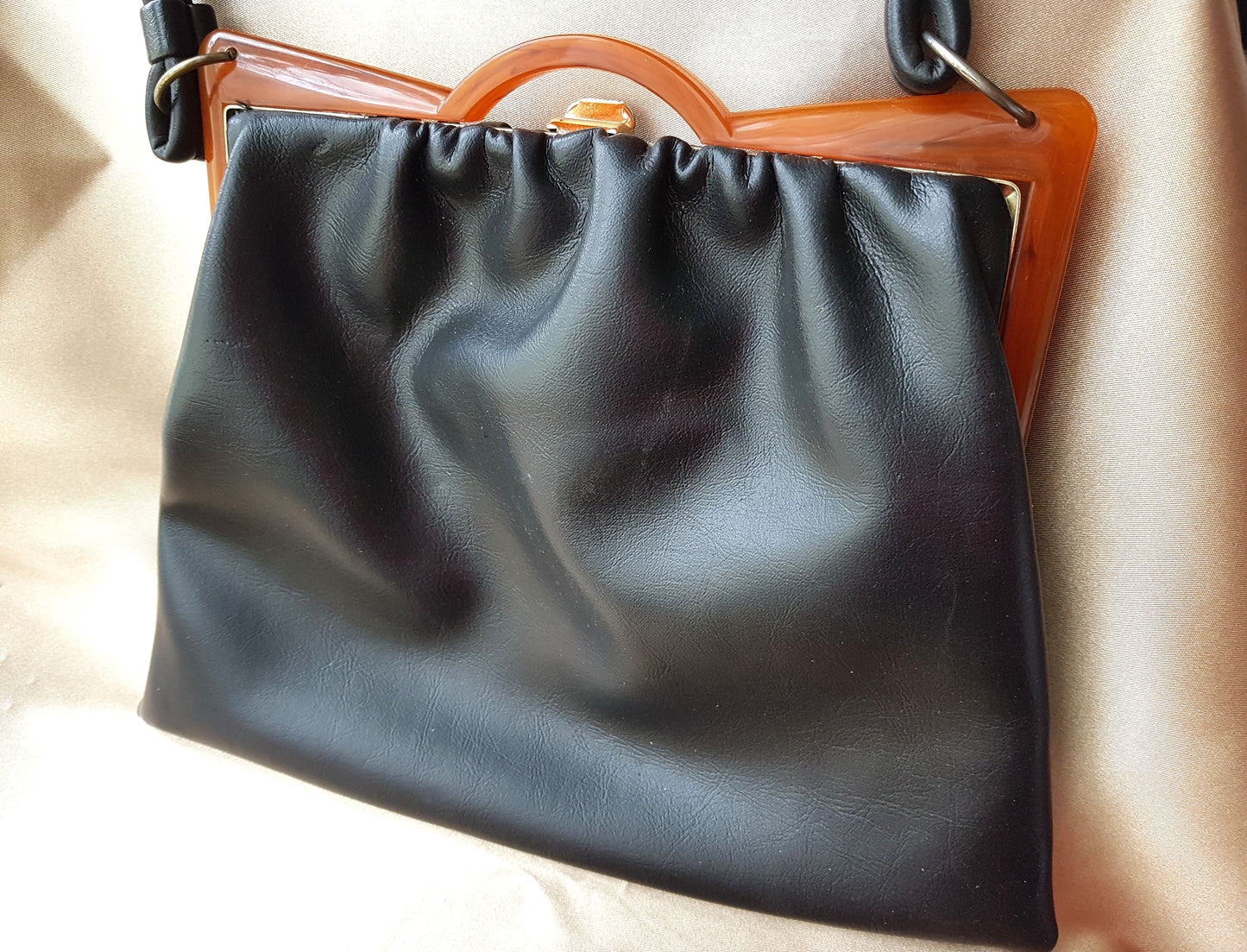Art Deco Style Bakelite Frame Hand Bag Purse, Vintage Black Leather Style Purse