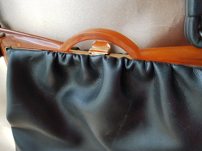 Art Deco Style Bakelite Frame Hand Bag Purse, Vintage Black Leather Style Purse