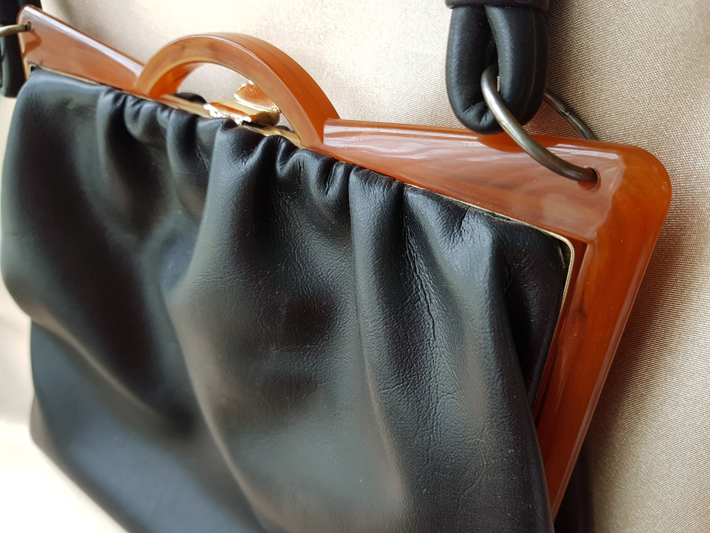 Art Deco Style Bakelite Frame Hand Bag Purse, Vintage Black Leather Style Purse