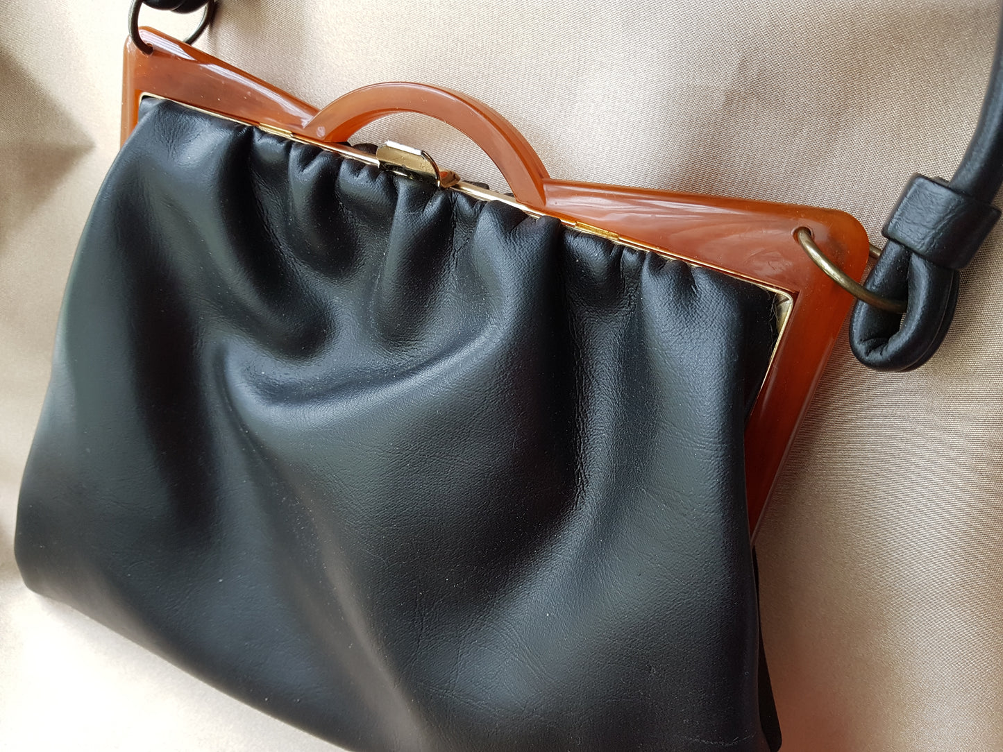 Art Deco Style Bakelite Frame Hand Bag Purse, Vintage Black Leather Style Purse