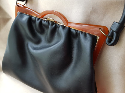 Art Deco Style Bakelite Frame Hand Bag Purse, Vintage Black Leather Style Purse