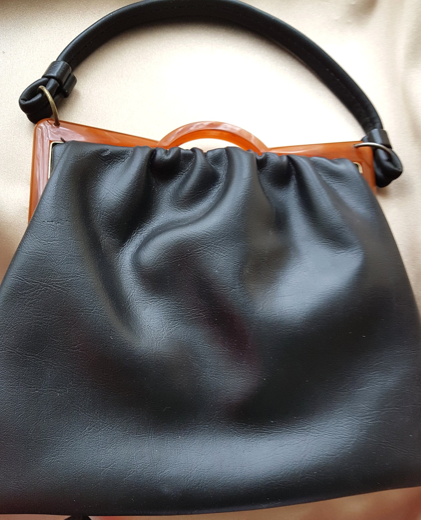 Art Deco Style Bakelite Frame Hand Bag Purse, Vintage Black Leather Style Purse