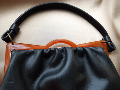 Art Deco Style Bakelite Frame Hand Bag Purse, Vintage Black Leather Style Purse