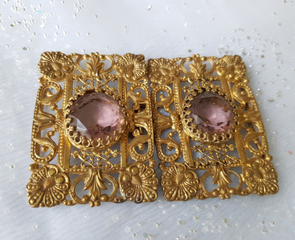 BEAUTIFUL Antique Belt Buckle, Ornate Filigree Gilt Metal , Faceted Cut Amethyst Glass, Double Buckle, Victorian Edwardian Dress Buckles