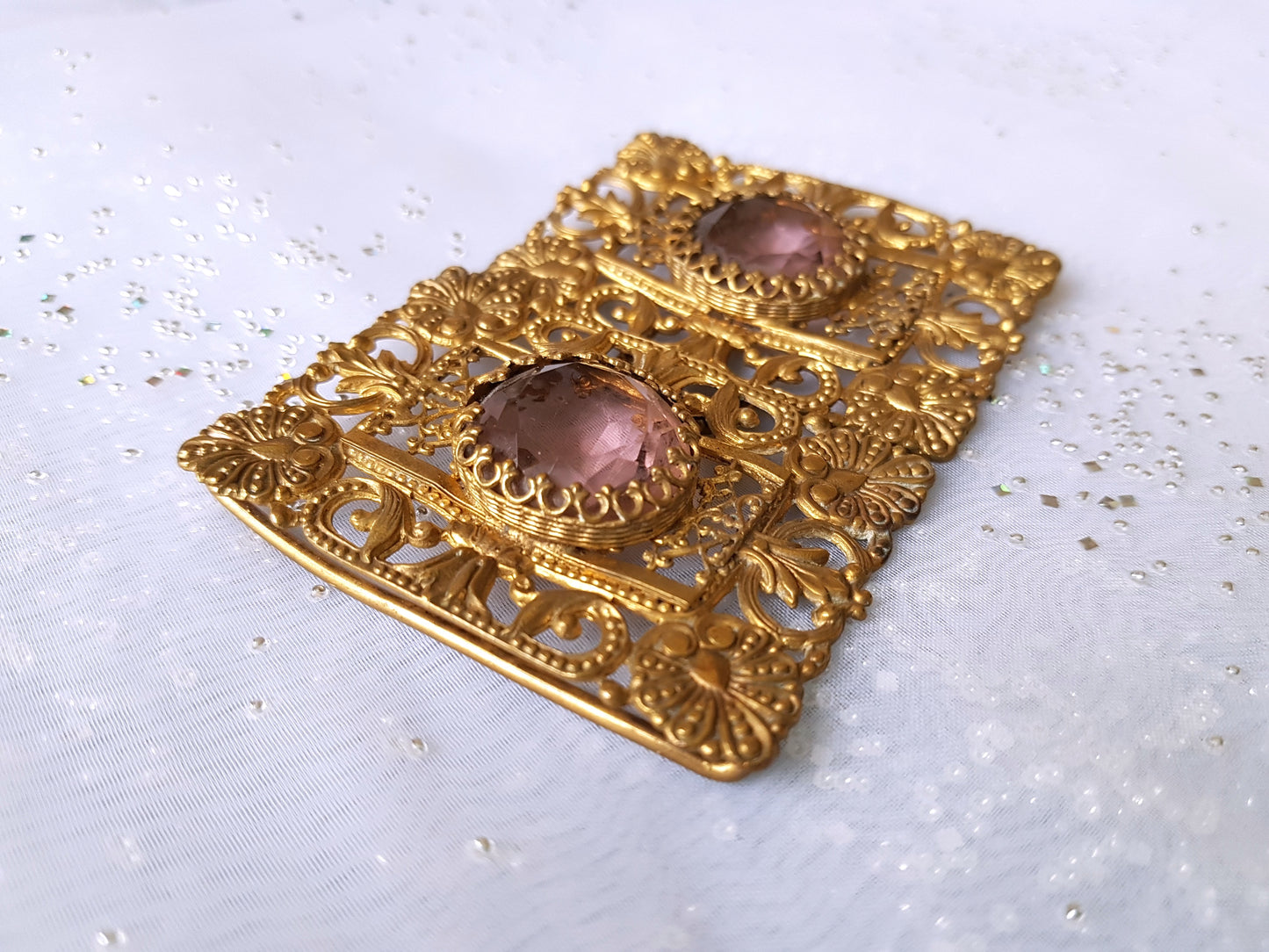 BEAUTIFUL Antique Belt Buckle, Ornate Filigree Gilt Metal , Faceted Cut Amethyst Glass, Double Buckle, Victorian Edwardian Dress Buckles