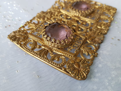 BEAUTIFUL Antique Belt Buckle, Ornate Filigree Gilt Metal , Faceted Cut Amethyst Glass, Double Buckle, Victorian Edwardian Dress Buckles