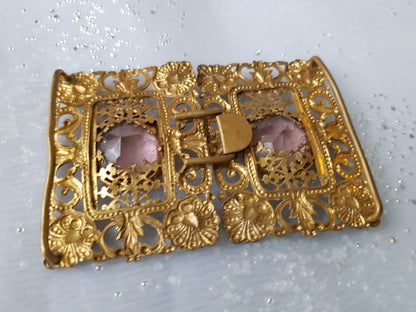 BEAUTIFUL Antique Belt Buckle, Ornate Filigree Gilt Metal , Faceted Cut Amethyst Glass, Double Buckle, Victorian Edwardian Dress Buckles