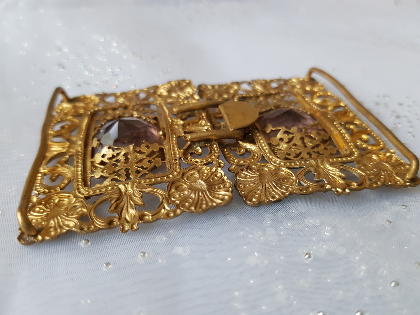 BEAUTIFUL Antique Belt Buckle, Ornate Filigree Gilt Metal , Faceted Cut Amethyst Glass, Double Buckle, Victorian Edwardian Dress Buckles