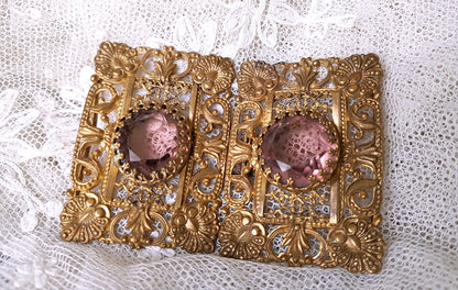 BEAUTIFUL Antique Belt Buckle, Ornate Filigree Gilt Metal , Faceted Cut Amethyst Glass, Double Buckle, Victorian Edwardian Dress Buckles