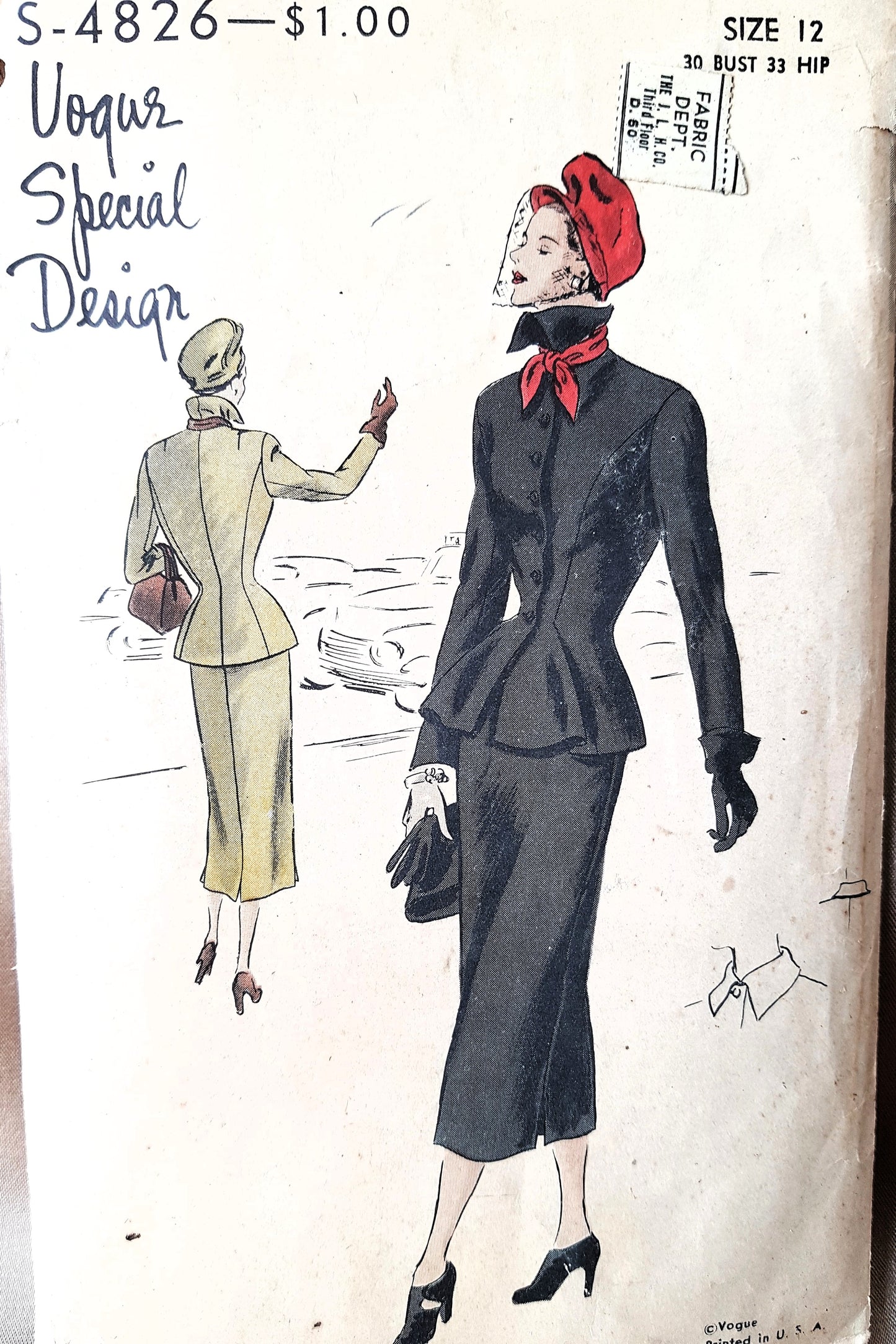 1940s CHIC Suit Dress Pattern VOGUE Special Design 4826 Fitted Jacket Slim Skirt Bust 30 Vintage Sewing Pattern