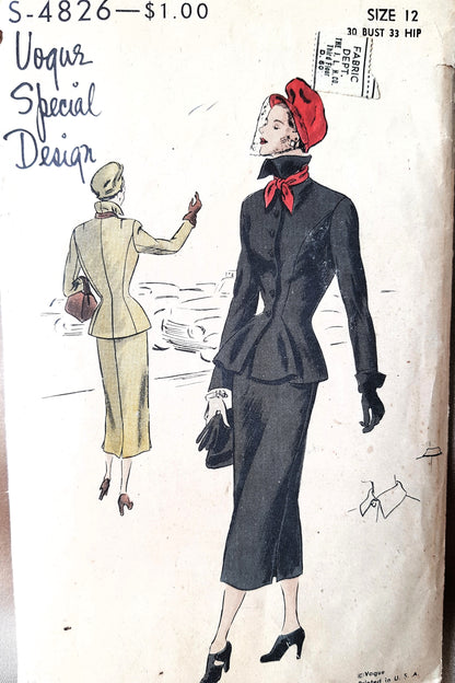 1940s CHIC Suit Dress Pattern VOGUE Special Design 4826 Fitted Jacket Slim Skirt Bust 30 Vintage Sewing Pattern