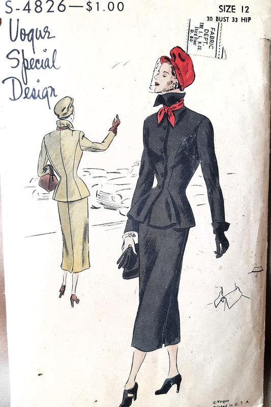 1940s CHIC Suit Dress Pattern VOGUE Special Design 4826 Fitted Jacket Slim Skirt Bust 30 Vintage Sewing Pattern