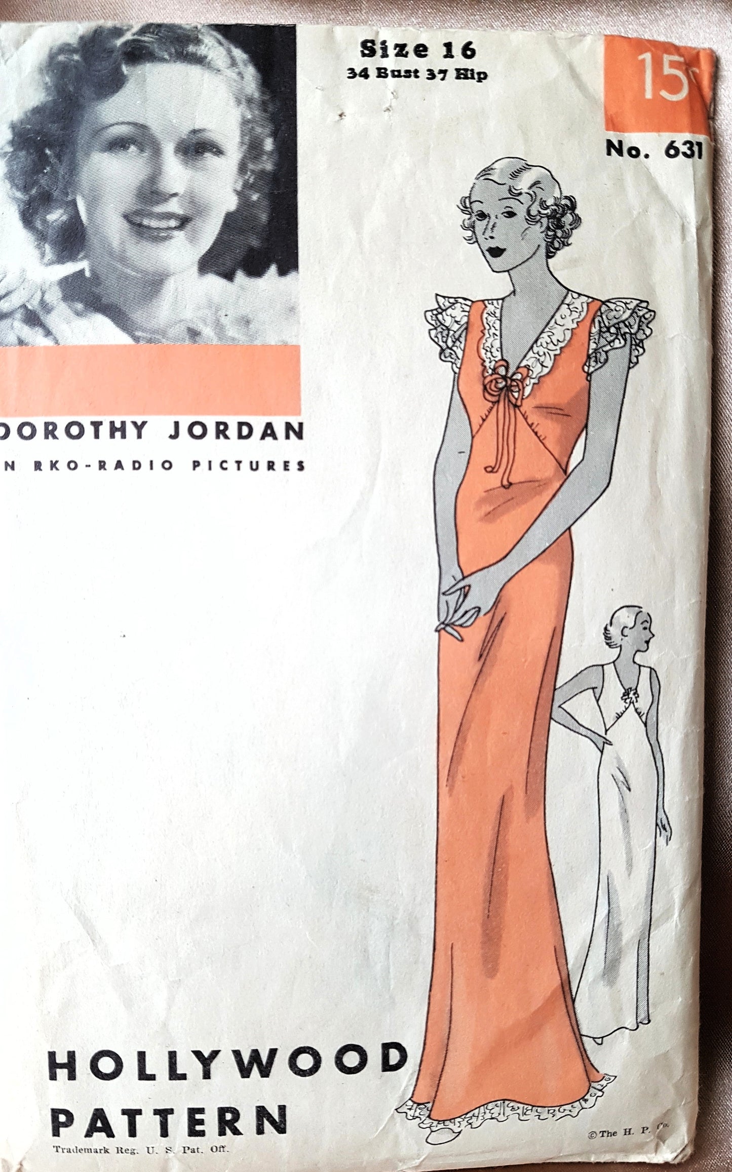 1930s BEAUTIFUL Bias Nightgown Pattern HOLLYWOOD 631 Featuring RKO Movie Star Dorothy Jordan, Bust 34 Vintage Sewing Pattern