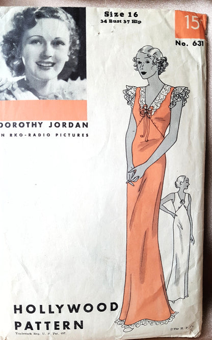1930s BEAUTIFUL Bias Nightgown Pattern HOLLYWOOD 631 Featuring RKO Movie Star Dorothy Jordan, Bust 34 Vintage Sewing Pattern