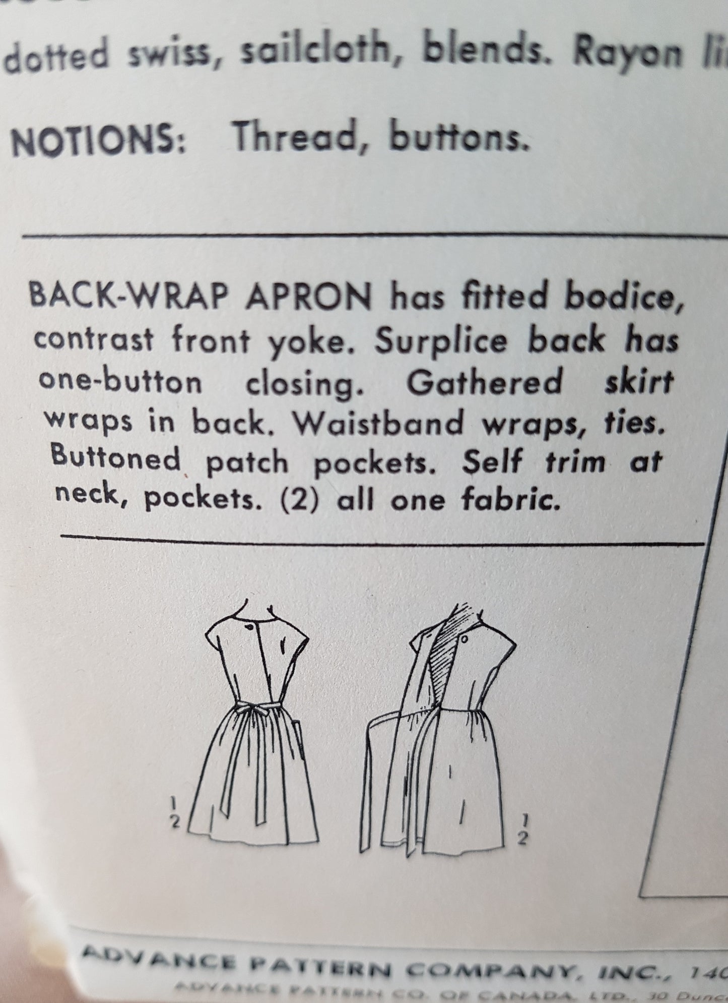 1950s SEW EASY Back Wrap Apron or Dress Pattern ADVANCE 8847 Bust 38 Vintage Sewing Pattern FF