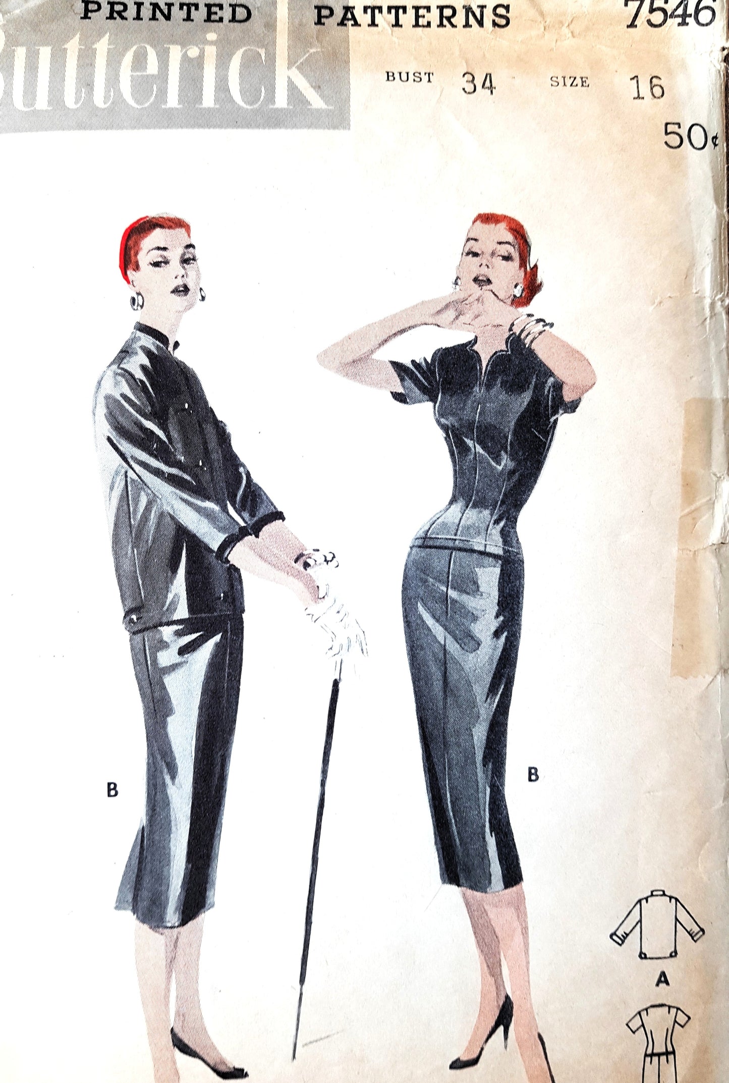 1950s SLEEK Dress and Jacket Pattern BUTTERICK 7546 Key Hole Neckline, Day or Evening, Bust 34 Vintage Sewing Pattern FF
