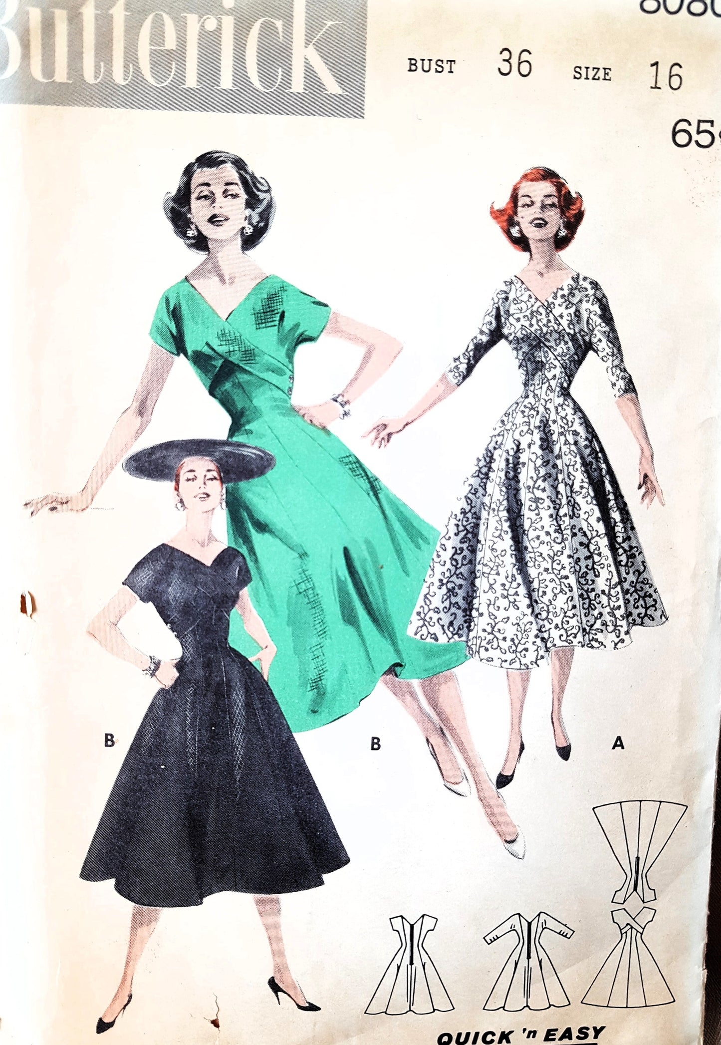 1950s GLAM Quick n Easy Princess Dress Pattern BUTTERICK 8080 Lovely Surplice Bodice, Bust 36 Vintage Sewing Pattern