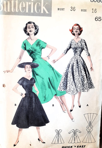 1950s GLAM Quick n Easy Princess Dress Pattern BUTTERICK 8080 Lovely Surplice Bodice, Bust 36 Vintage Sewing Pattern