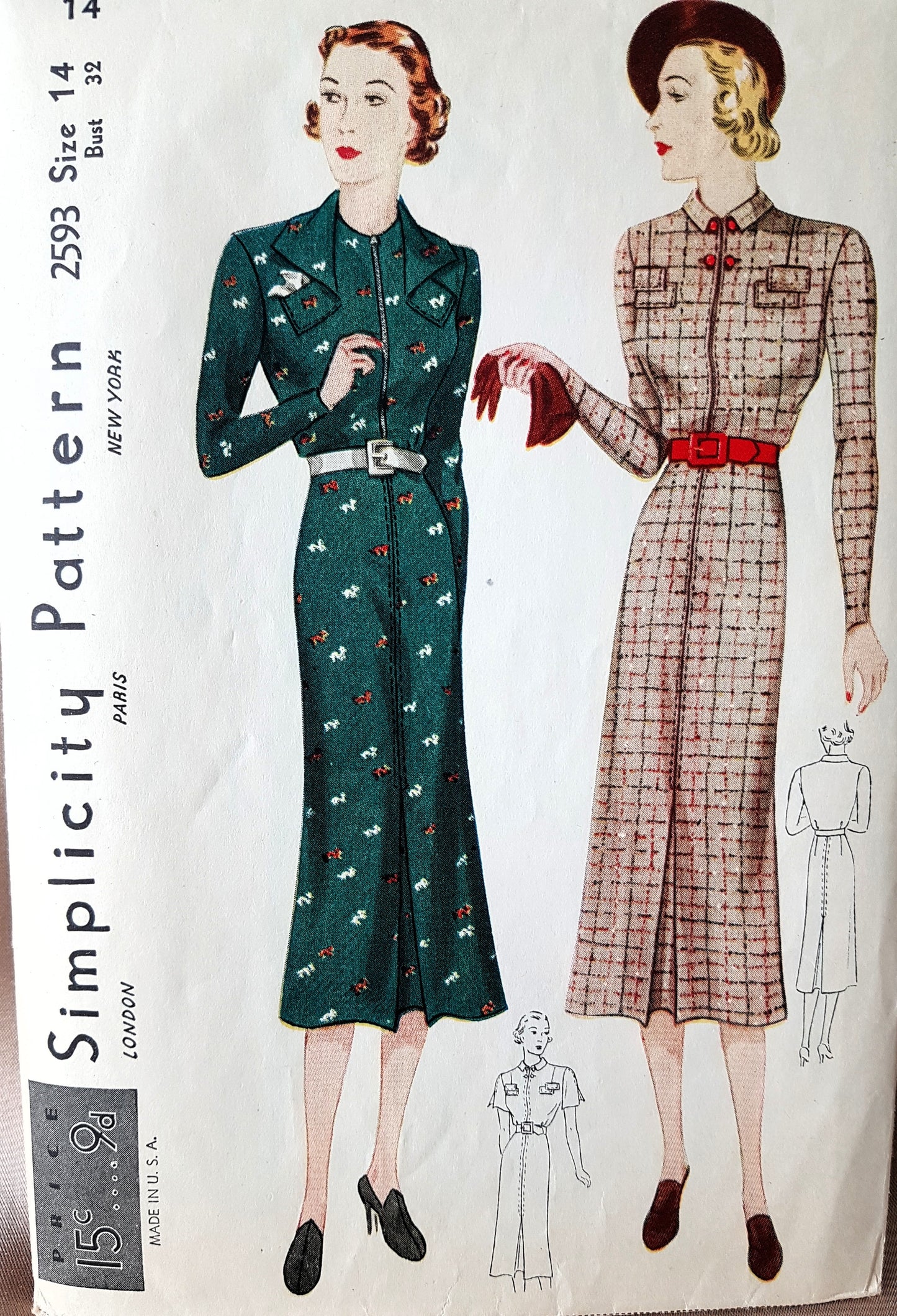 1930s CHIC Dress Pattern ,SIMPLICITY 2593, Two Fabulous Styles, Bust 32, Vintage Sewing Pattern