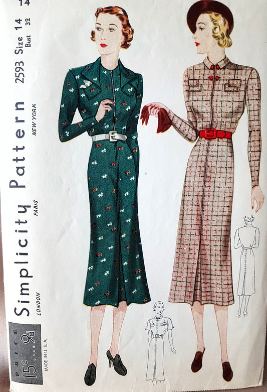 1930s CHIC Dress Pattern ,SIMPLICITY 2593, Two Fabulous Styles, Bust 32, Vintage Sewing Pattern