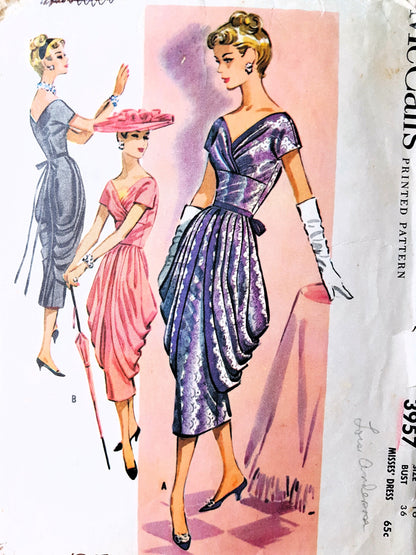1950s UNIQUE Evening Party Dress Pattern McCALL's 3957 Lovely Couture Details, Bust 36 Vintage Sewing Pattern