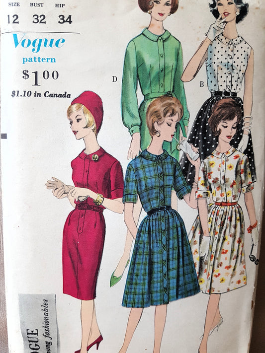 Early 1960s VERSATILE Dress Pattern VOGUE 5380 Slim or Pleated Dress 4 Versions, Bust 32 Vintage Sewing pattern FF