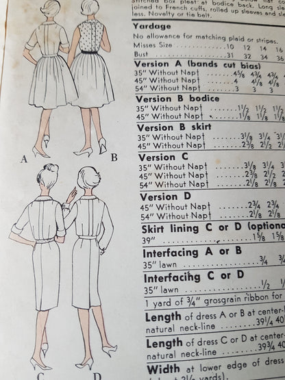 Early 1960s VERSATILE Dress Pattern VOGUE 5380 Slim or Pleated Dress 4 Versions, Bust 32 Vintage Sewing pattern FF