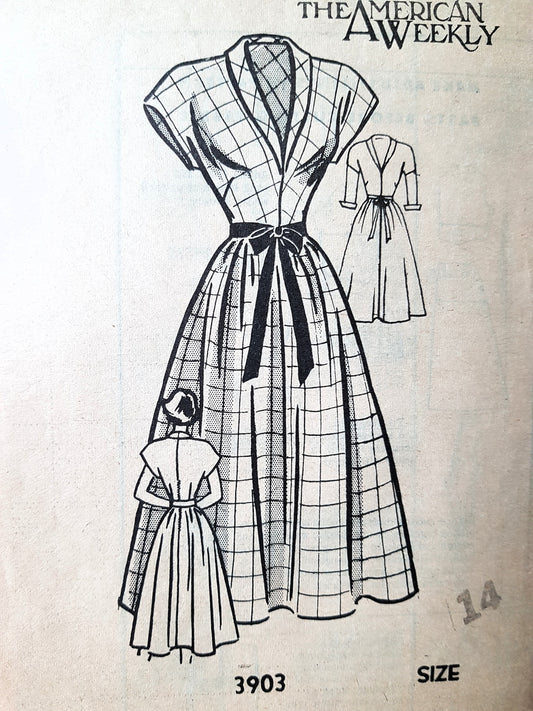 1950s PRETTY Dress Pattern AMERICAN WEEKLY 3903 Shawl Collar Dress, Ribbon Tie Belt, Bust 32 Vintage Sewing Pattern
