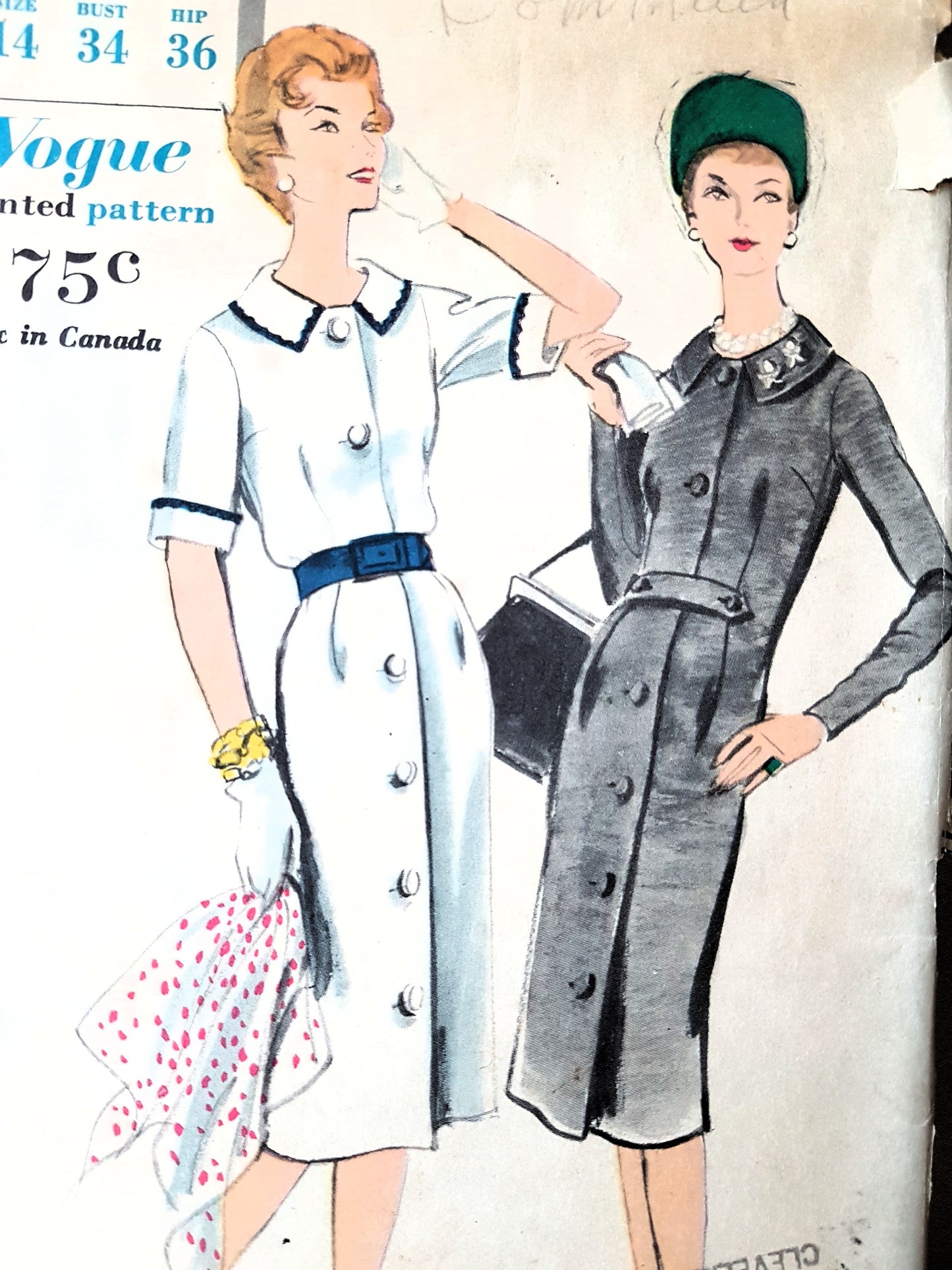 1950s CLASSY Coat Dress Pattern ,VOGUE 9665 ,Front Button Slim Dress, Bust 34 ,Vintage Sewing Pattern