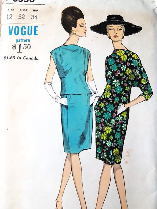 STUNNING 1960s Two Pc Dress Day or Cocktail Party Pattern VOGUE 6550 Bust 32 Vintage Sewing Pattern
