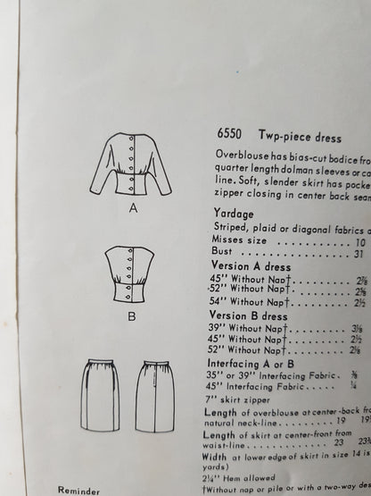 STUNNING 1960s Two Pc Dress Day or Cocktail Party Pattern VOGUE 6550 Bust 32 Vintage Sewing Pattern