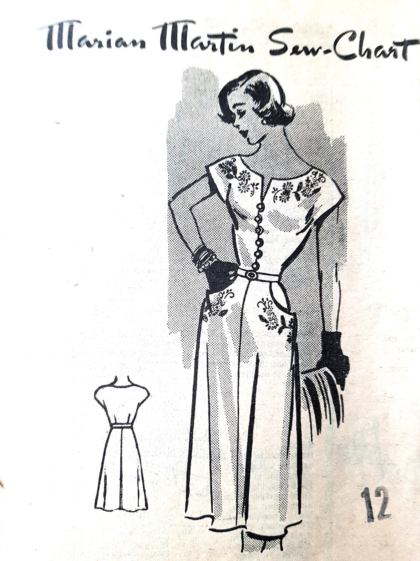 1950s LOVELY Dress Pattern MARIAN MARTIN 9166 Bust 30 Includes Embroidery Transfer Vintage Sewing Pattern