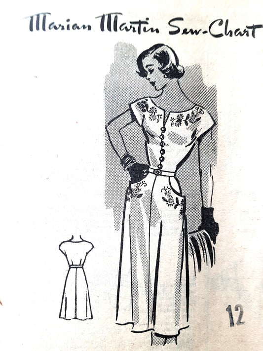 1950s LOVELY Dress Pattern MARIAN MARTIN 9166 Bust 30 Includes Embroidery Transfer Vintage Sewing Pattern