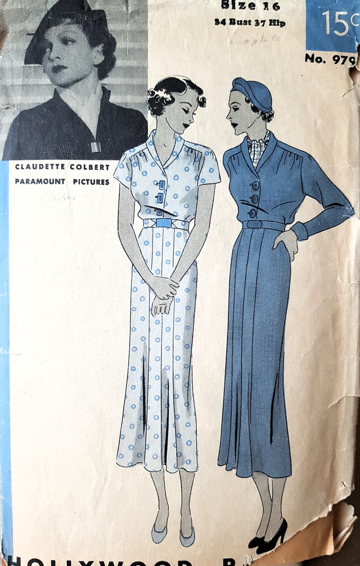 1930s CHIC Dress Pattern HOLLYWOOD 979 Featuring Claudette Colbert, Beautiful Dress Design, Bust 34 Vintage Sewing Pattern FF