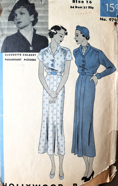 1930s CHIC Dress Pattern HOLLYWOOD 979 Featuring Claudette Colbert, Beautiful Dress Design, Bust 34 Vintage Sewing Pattern FF