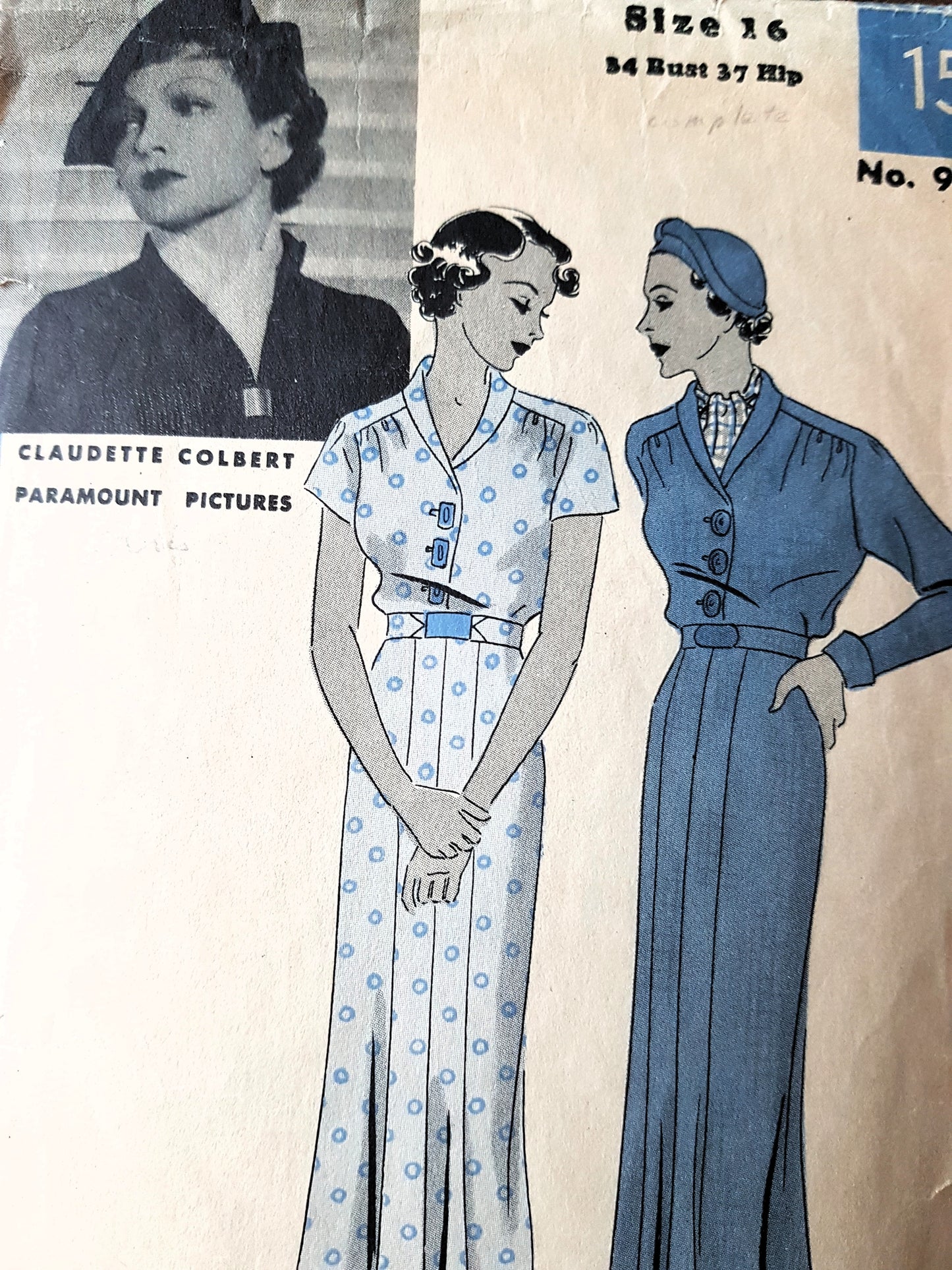 1930s CHIC Dress Pattern HOLLYWOOD 979 Featuring Claudette Colbert, Beautiful Dress Design, Bust 34 Vintage Sewing Pattern FF