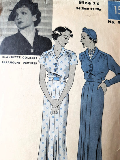 1930s CHIC Dress Pattern HOLLYWOOD 979 Featuring Claudette Colbert, Beautiful Dress Design, Bust 34 Vintage Sewing Pattern FF