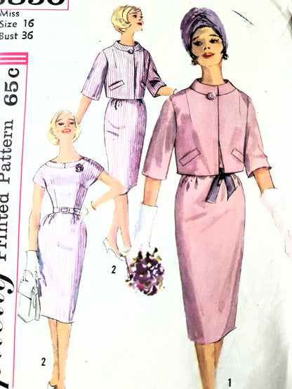 Early 1960s CLASSY Slim Dress and Jacket Pattern SIMPLICITY 3850 Bust 36 Vintage Sewing Pattern