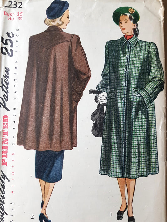 1940s CLASSIC Flare Back Coat Pattern SIMPLICITY 2232 Two Lengths,Film Noir Design, Bust 36 Vintage Sewing Pattern FF