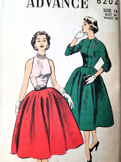 1950s BEAUTIFUL Evening Cocktail Party Skirt,Top and Jacket Pattern ADVANCE 6202 Bust 34 Vintage Sewing Pattern FF