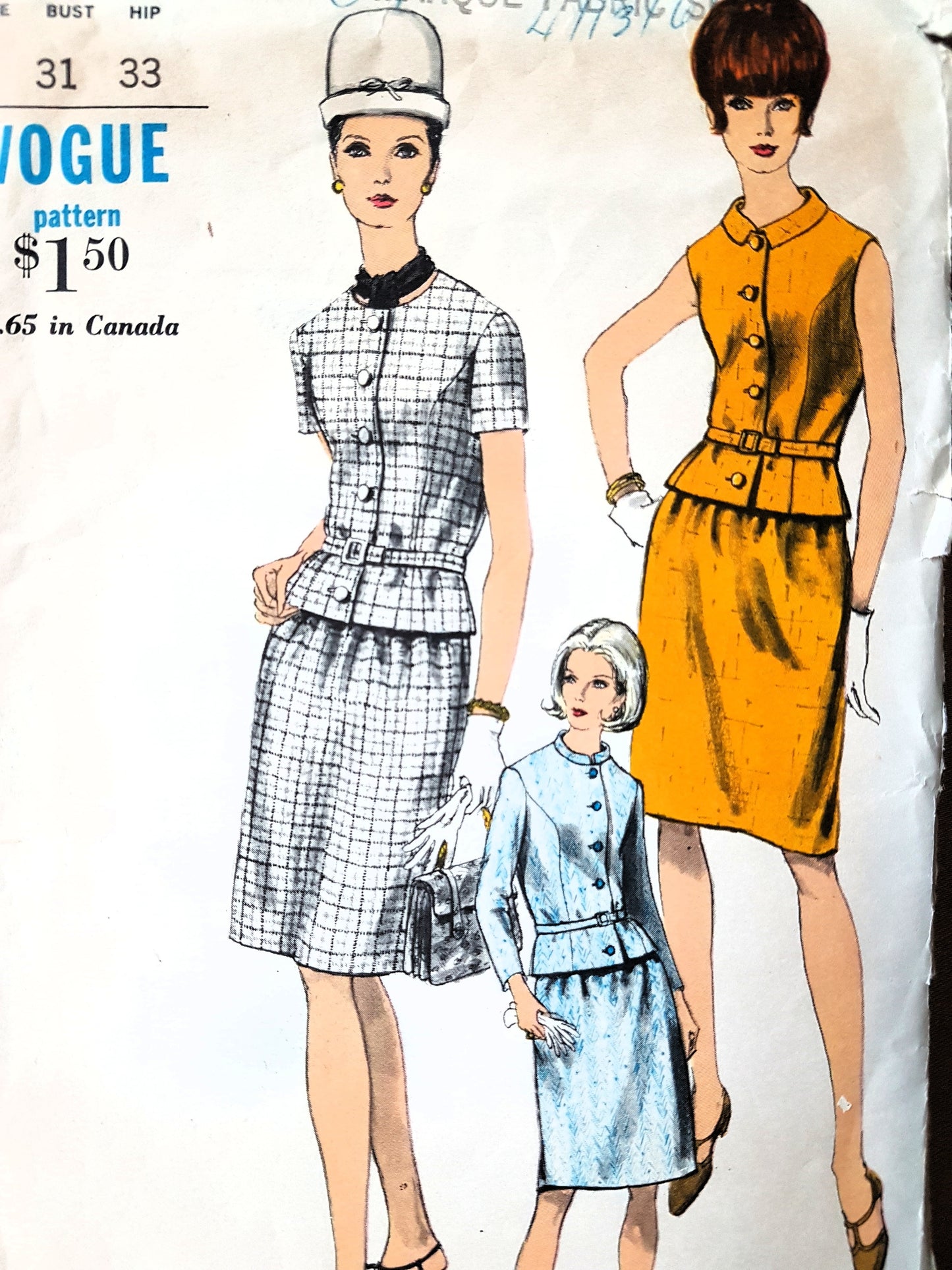 1960s MOD Two Pc Dress Pattern VOGUE 6780 Three Wonderful Versions Bust 31 Vintage Sewing Pattern